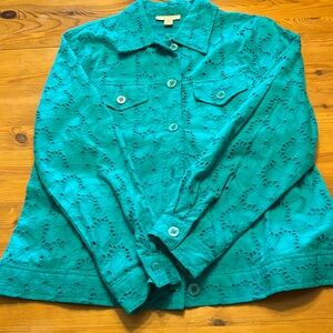 Turquoise eyelet jacket with matching shell.